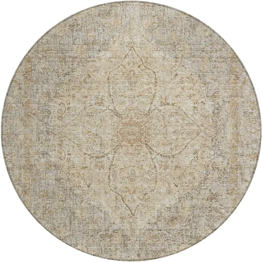 8' Beige And Silver Round Oriental Washable Indoor Outdoor Area Rug Photo 1