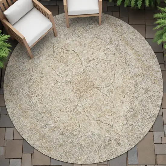 8' Beige And Silver Round Oriental Washable Indoor Outdoor Area Rug Photo 6