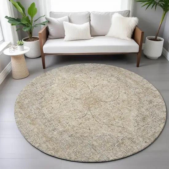 8' Beige And Silver Round Oriental Washable Indoor Outdoor Area Rug Photo 7