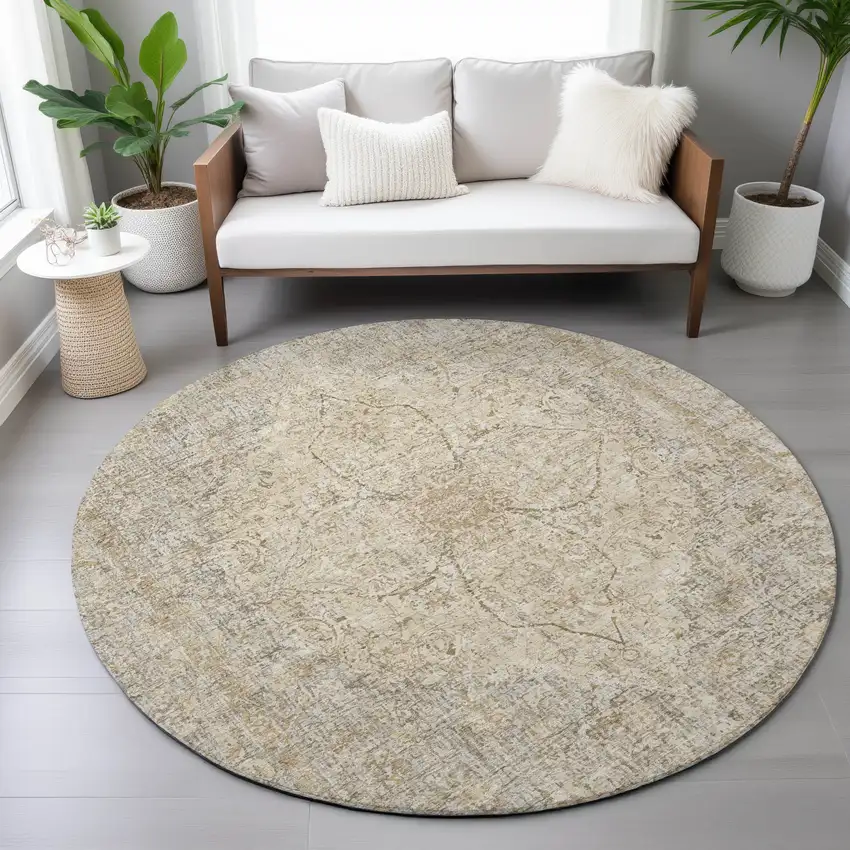 8' Beige And Silver Round Oriental Washable Indoor Outdoor Area Rug Photo 7
