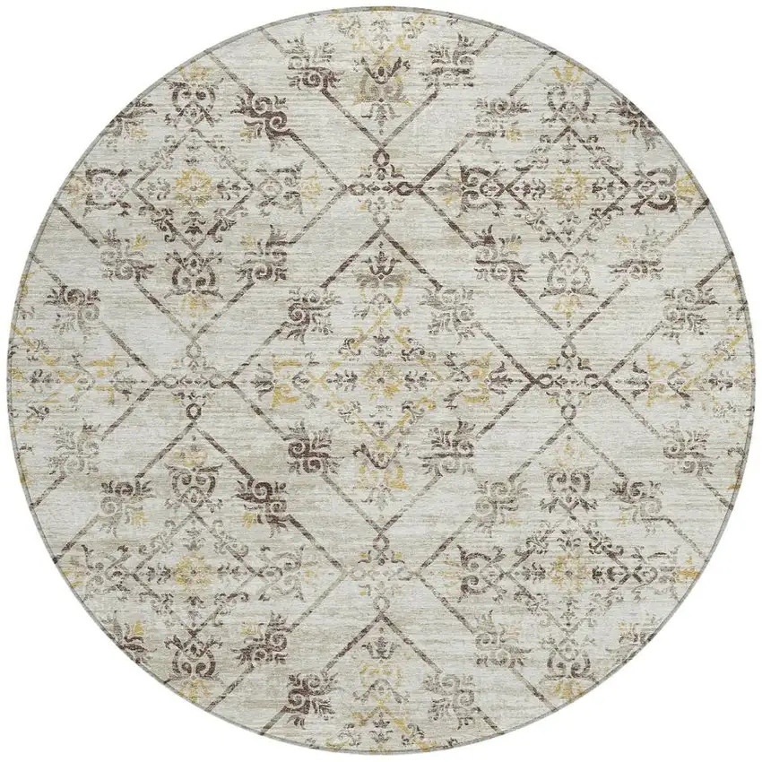 8' Beige And Sky Blue Round Geometric Washable Indoor Outdoor Area Rug Photo 2