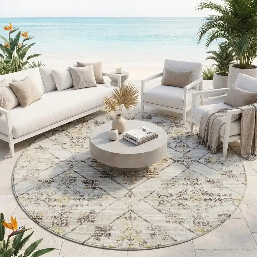 8' Beige And Sky Blue Round Geometric Washable Indoor Outdoor Area Rug Photo 1
