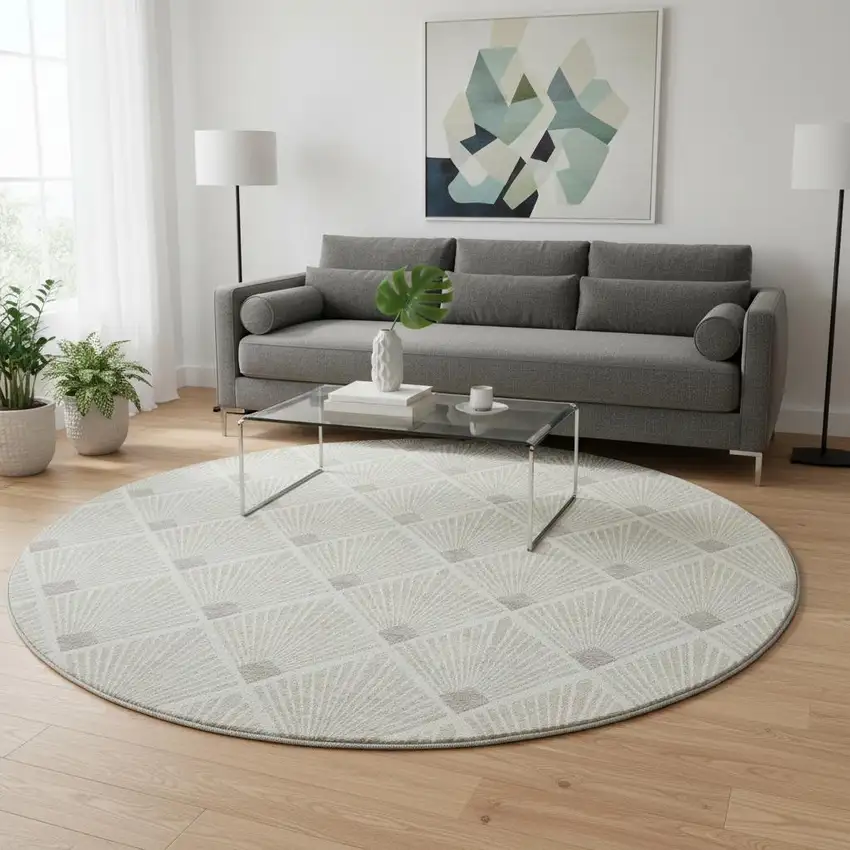 8' Beige And Tan Abstract Geometric Washable Round Rug With UV Protection Photo 2
