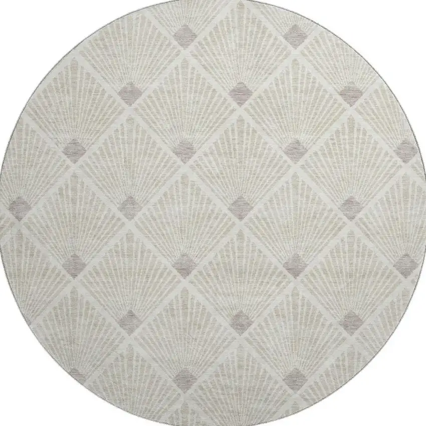 8' Beige And Tan Abstract Geometric Washable Round Rug With UV Protection Photo 3
