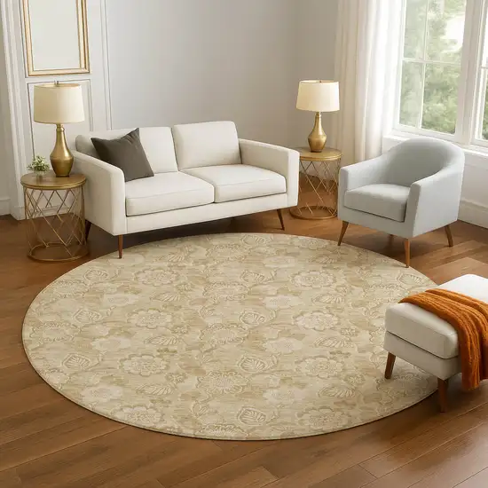8' Beige And Tan Floral Washable Round Rug With UV Protection Photo 5