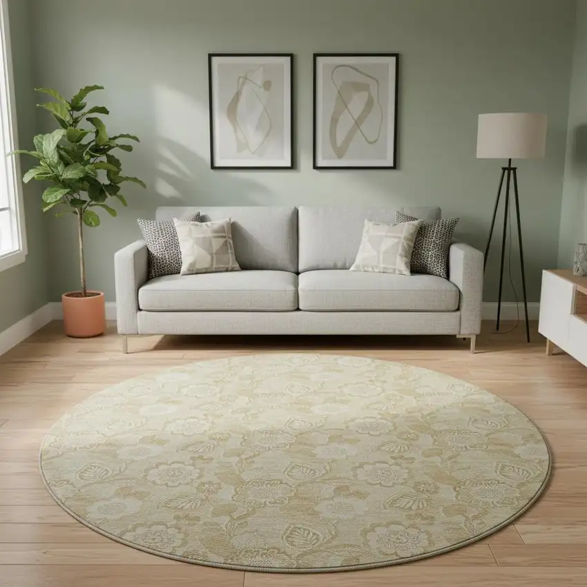 8' Beige And Tan Floral Washable Round Rug With UV Protection Photo 2