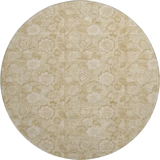 8' Beige And Tan Floral Washable Round Rug With UV Protection Photo 1
