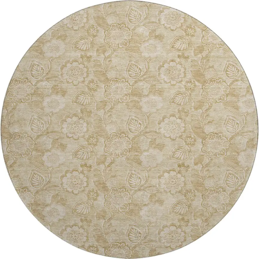 8' Beige And Tan Floral Washable Round Rug With UV Protection Photo 1
