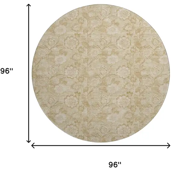 8' Beige And Tan Floral Washable Round Rug With UV Protection Photo 9