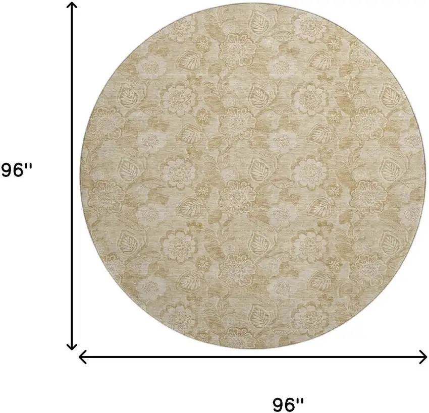8' Beige And Tan Floral Washable Round Rug With UV Protection Photo 9