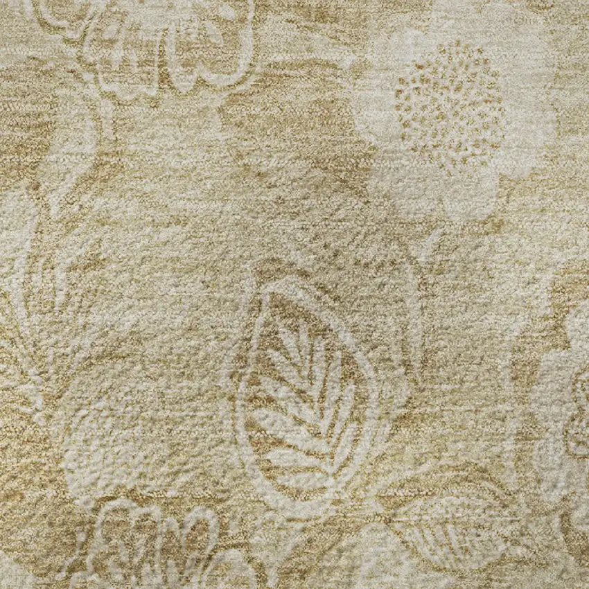 8' Beige And Tan Floral Washable Round Rug With UV Protection Photo 9