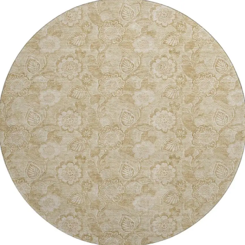 8' Beige And Tan Floral Washable Round Rug With UV Protection Photo 4