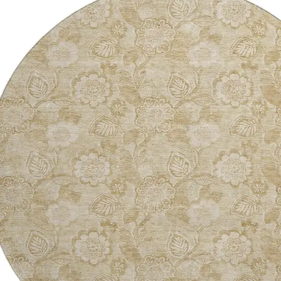 8' Beige And Tan Floral Washable Round Rug With UV Protection Photo 3