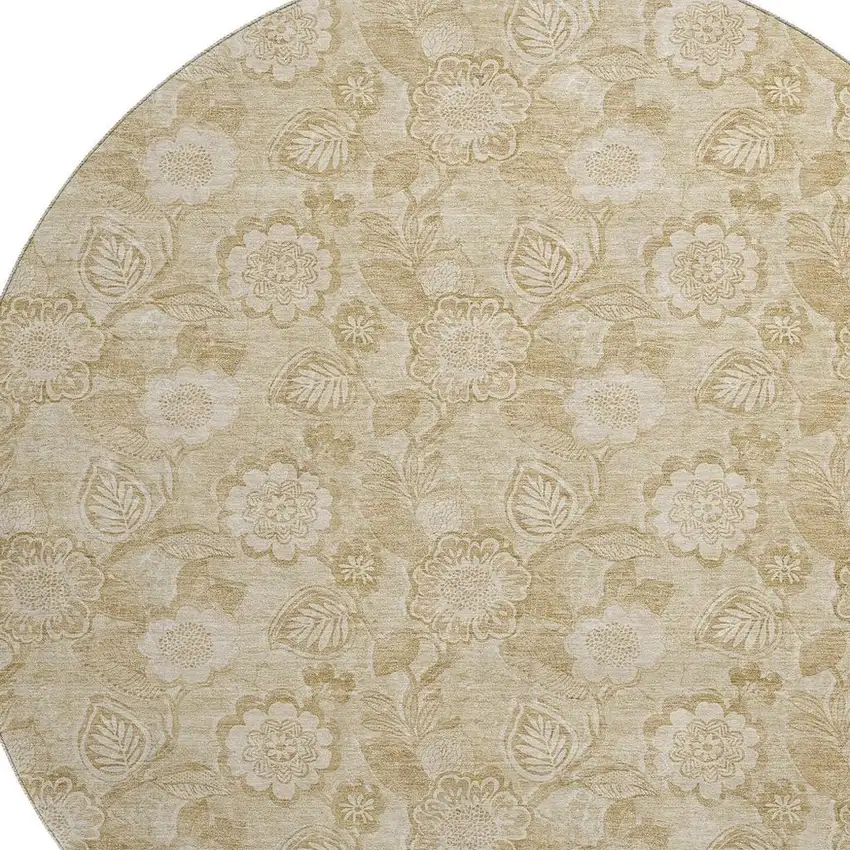 8' Beige And Tan Floral Washable Round Rug With UV Protection Photo 3