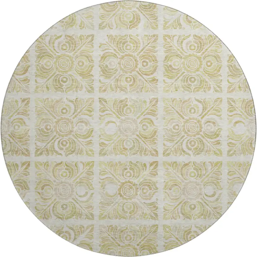 8' Beige And Tan Medallion Washable Round Rug With UV Protection Photo 1
