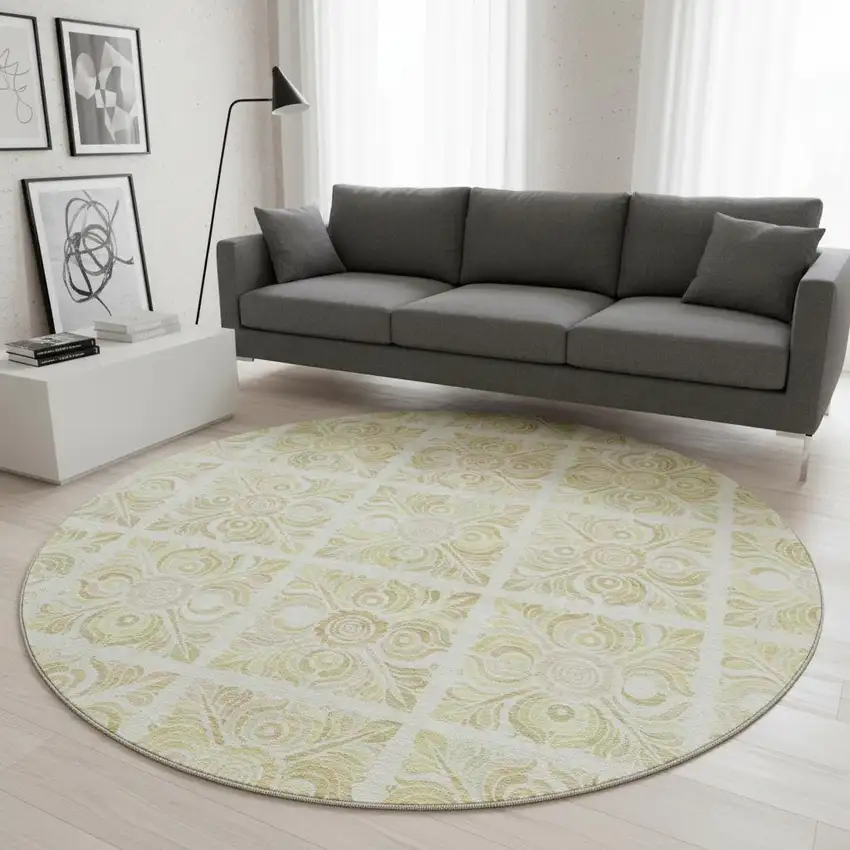 8' Beige And Tan Medallion Washable Round Rug With UV Protection Photo 2