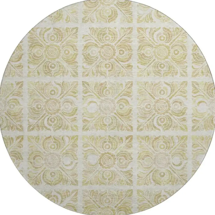 8' Beige And Tan Medallion Washable Round Rug With UV Protection Photo 3