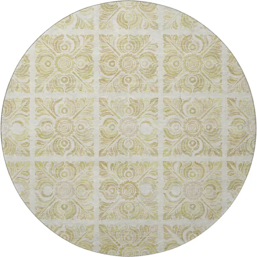 8' Beige And Tan Medallion Washable Round Rug With UV Protection Photo 4
