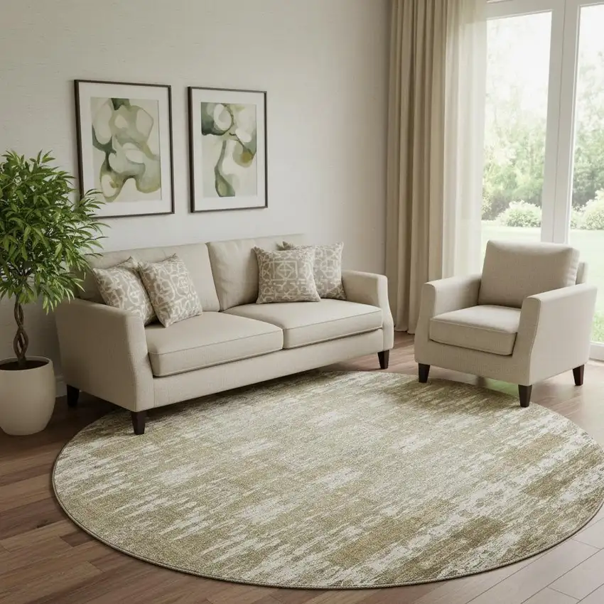 8' Beige And Tan Moroccan Washable Round Rug With UV Protection Photo 1