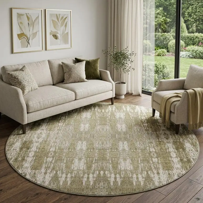 8' Beige And Tan Moroccan Washable Round Rug With UV Protection Photo 1