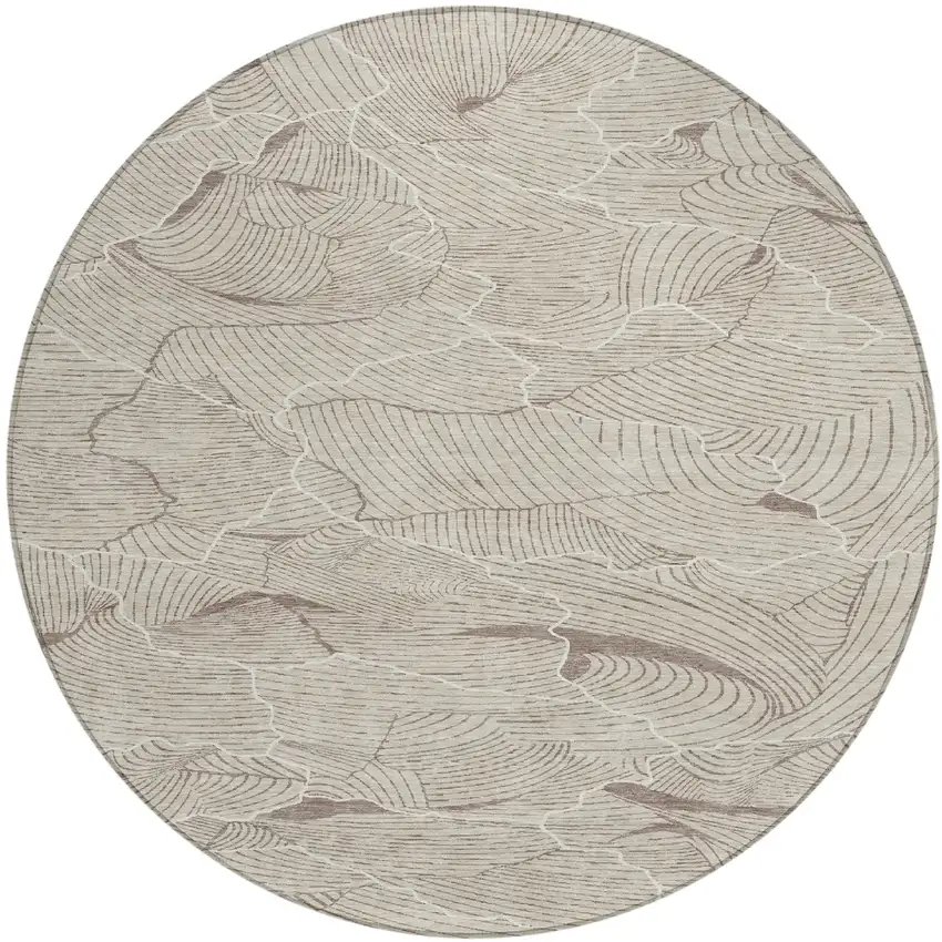 8' Beige And Tan Round Abstract Washable Indoor Outdoor Area Rug Photo 2