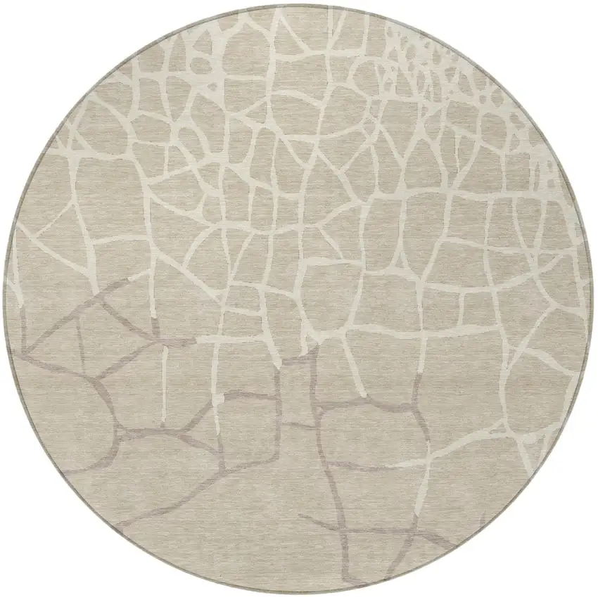 8' Beige And Tan Round Abstract Washable Indoor Outdoor Area Rug Photo 6