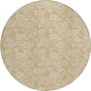 Photo of 8' Beige And Tan Round Floral Washable Indoor Outdoor Area Rug