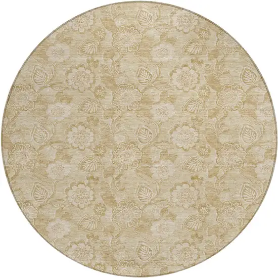 8' Beige And Tan Round Floral Washable Indoor Outdoor Area Rug Photo 1