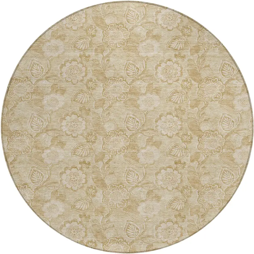 8' Beige And Tan Round Floral Washable Indoor Outdoor Area Rug Photo 1