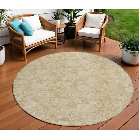 8' Beige And Tan Round Floral Washable Indoor Outdoor Area Rug Photo 2