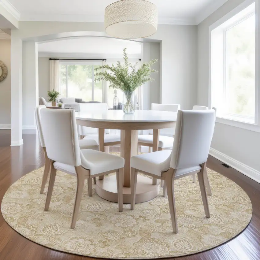 8' Beige And Tan Round Floral Washable Indoor Outdoor Area Rug Photo 7