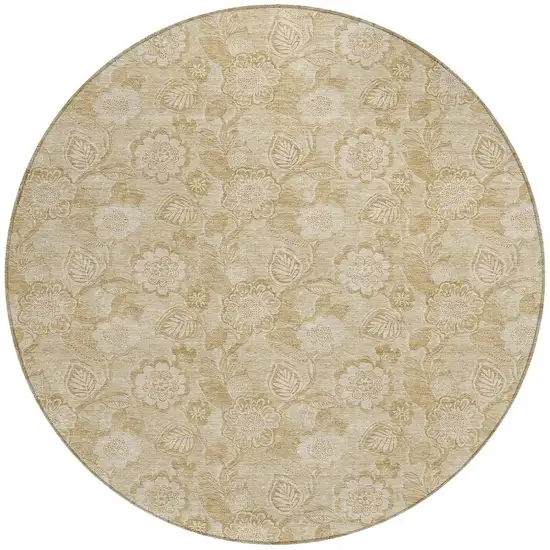 8' Beige And Tan Round Floral Washable Indoor Outdoor Area Rug Photo 4