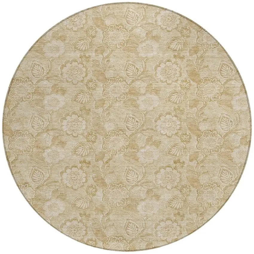 8' Beige And Tan Round Floral Washable Indoor Outdoor Area Rug Photo 4