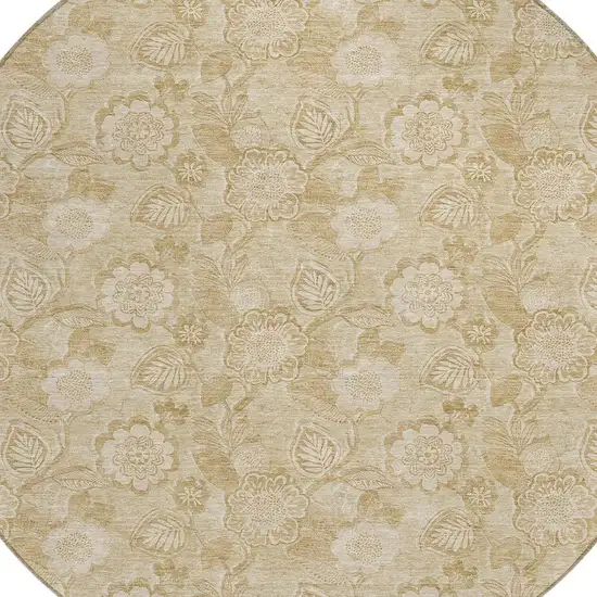 8' Beige And Tan Round Floral Washable Indoor Outdoor Area Rug Photo 9