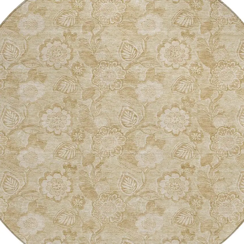 8' Beige And Tan Round Floral Washable Indoor Outdoor Area Rug Photo 9