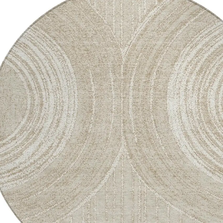 8' Beige And Tan Round Geometric Washable Indoor Outdoor Area Rug Photo 2