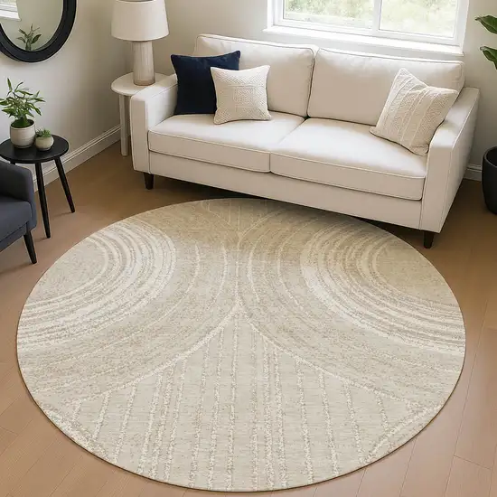 8' Beige And Tan Round Geometric Washable Indoor Outdoor Area Rug Photo 5