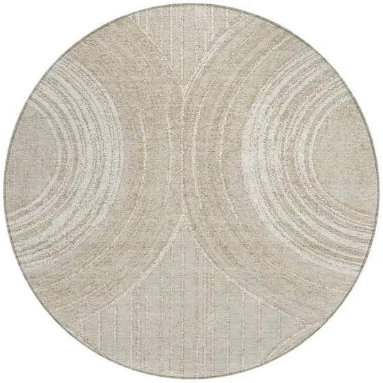 8' Beige And Tan Round Geometric Washable Indoor Outdoor Area Rug Photo 3