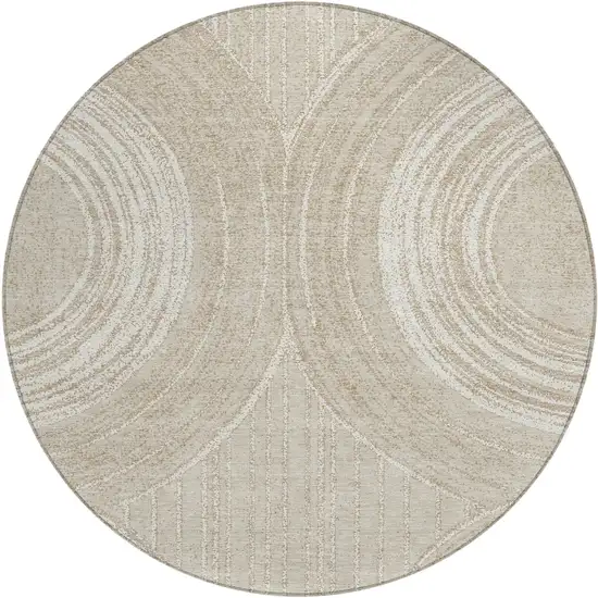 8' Beige And Tan Round Geometric Washable Indoor Outdoor Area Rug Photo 1
