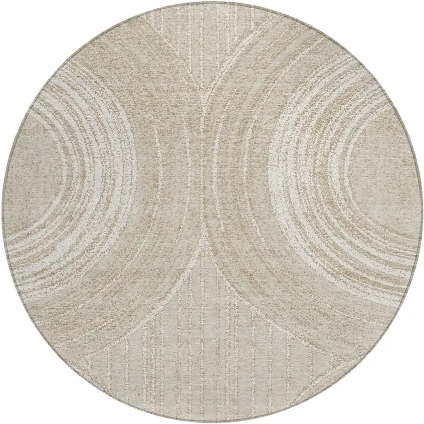 8' Beige And Tan Round Geometric Washable Indoor Outdoor Area Rug Photo 1