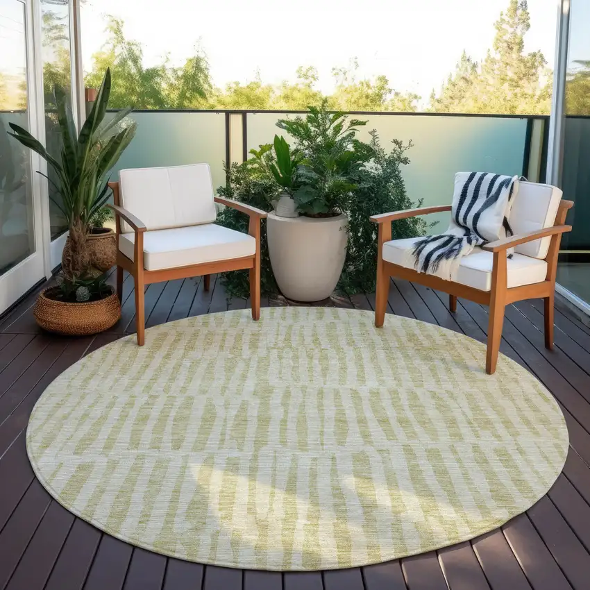 8' Beige And Tan Round Striped Washable Indoor Outdoor Area Rug Photo 7