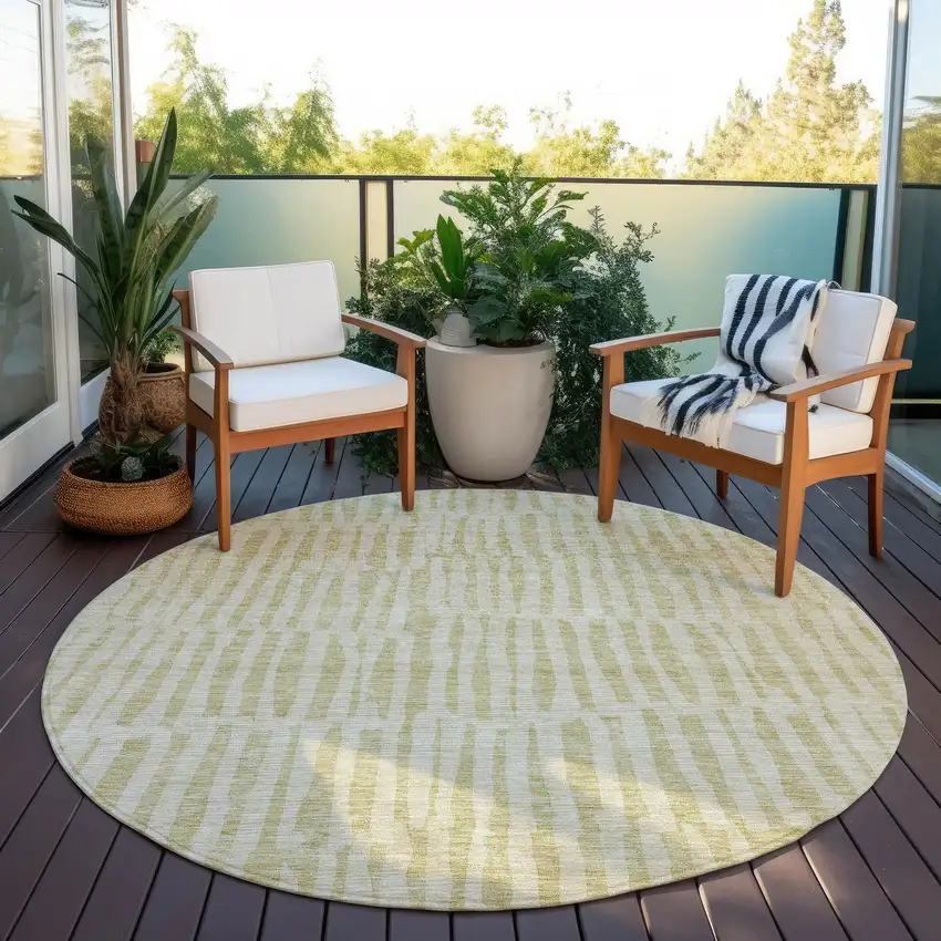 8' Beige And Tan Round Striped Washable Indoor Outdoor Area Rug Photo 7