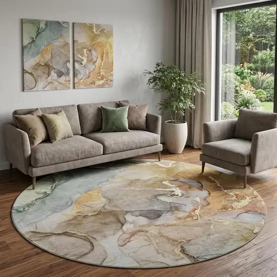 8' Beige And Taupe Abstract Washable Round Rug With UV Protection Photo 1