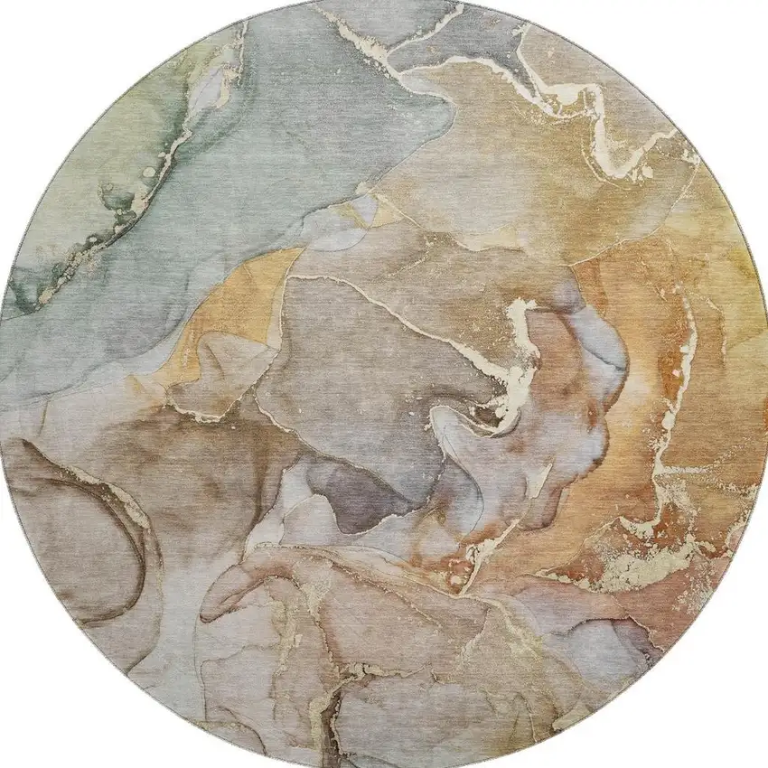 8' Beige And Taupe Abstract Washable Round Rug With UV Protection Photo 1