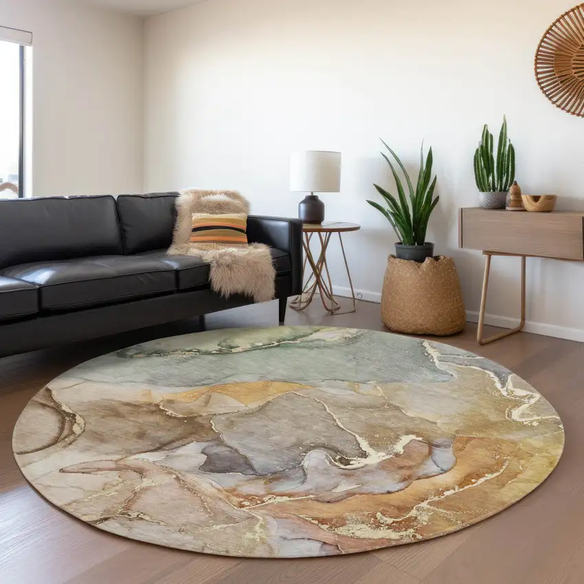8' Beige And Taupe Abstract Washable Round Rug With UV Protection Photo 3