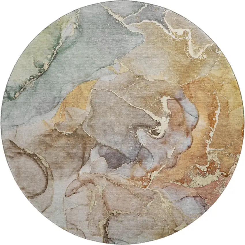 8' Beige And Taupe Abstract Washable Round Rug With UV Protection Photo 4