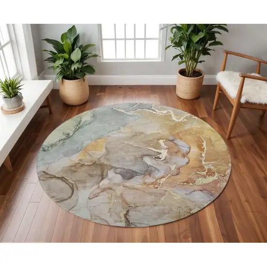 8' Beige And Taupe Abstract Washable Round Rug With UV Protection Photo 2