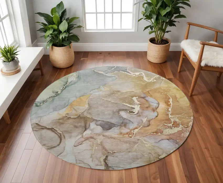 8' Beige And Taupe Abstract Washable Round Rug With UV Protection Photo 2