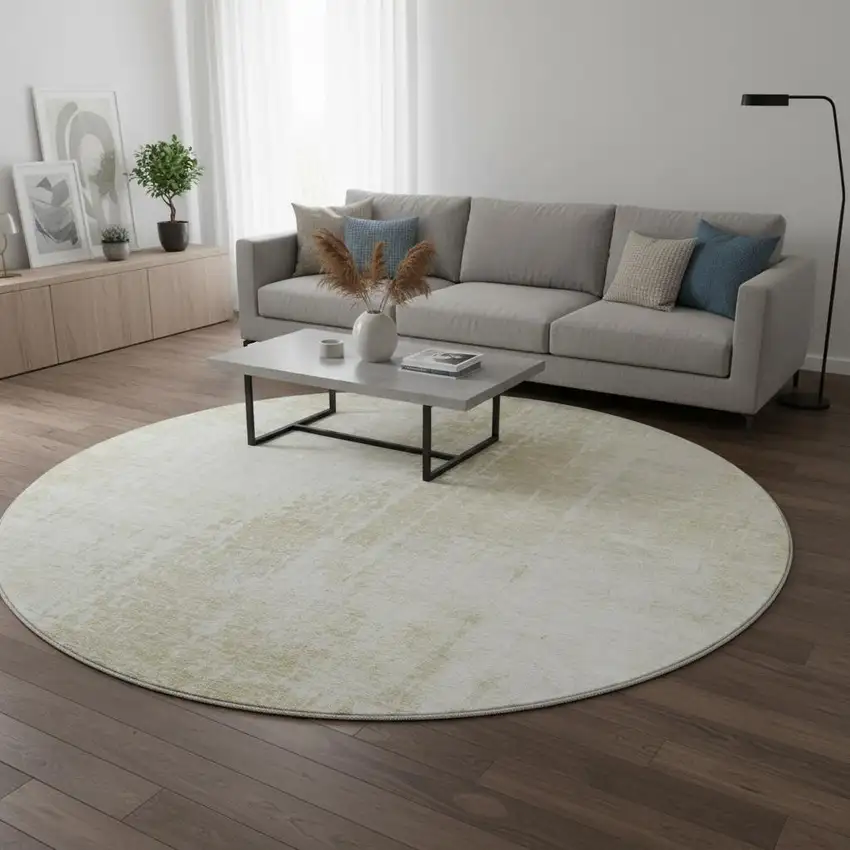 8' Beige And Taupe Abstract Washable Round Rug With UV Protection Photo 2