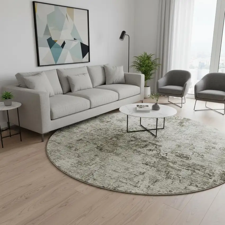 8' Beige And Taupe Abstract Washable Round Rug With UV Protection Photo 2